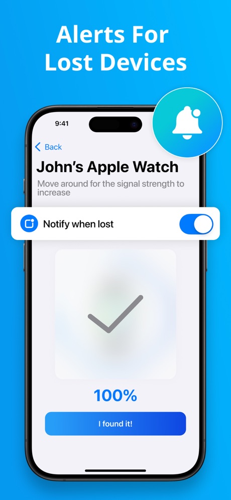 Find Air - My Device Tracker App Store screenshot 6, headline “Alerts For Lost Devices”. Teal.