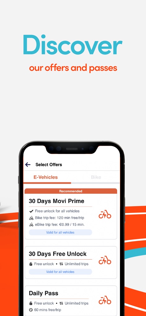 RideMovi Smart Sharing Service - Users can browse a variety of membership options, from the comprehensive 'Movi Prime' pass to daily unlock discounts, detailed with validity.