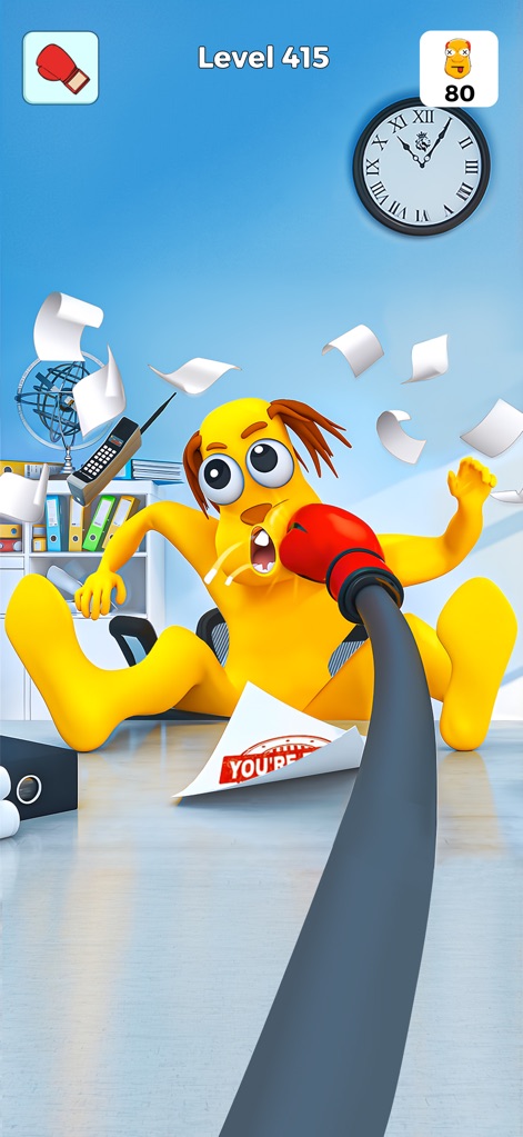 Annoying Uncle Punch Game - A consequência do soco é visível, com papéis voando ao redor do personagem e a expressão de surpresa do alvo, exemplificando a ação de alívio do estresse no Nível 415.