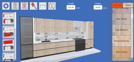 Kitchen Editor 3D: Design App - Users can personalize their kitchen designs by selecting from a range of textures, such as various 'Oak' finishes and other material options.