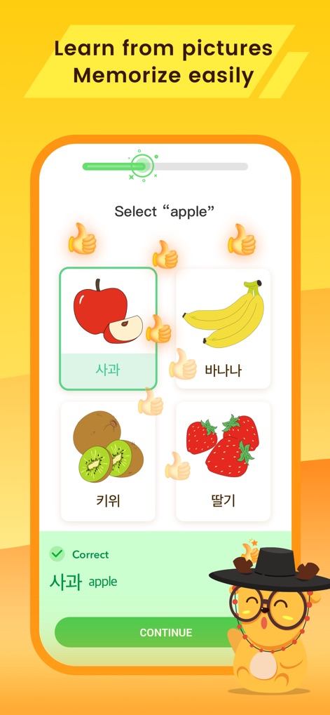 LingoDeer - Learn Languages - Diese Übung ermöglicht das bildbasierte Lernen von Vokabeln, indem Nutzer das passende Bild zur koreanischen Bezeichnung „사과“ auswählen und sofortiges Feedback erhalten.