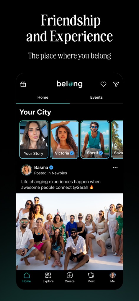 Belong - Meet New People - The app presents a dynamic "Your City" section where users can discover local profiles and stories, alongside a curated feed featuring community posts and event photos.