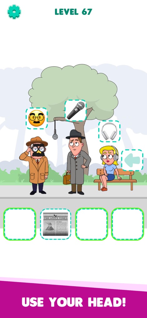 Emoji Story: Tricky Puzzles - The app encourages critical thinking through scenarios featuring diverse characters and objects, where the player must logically associate items like the dangling microphone or an old newspaper to decipher the puzzle.