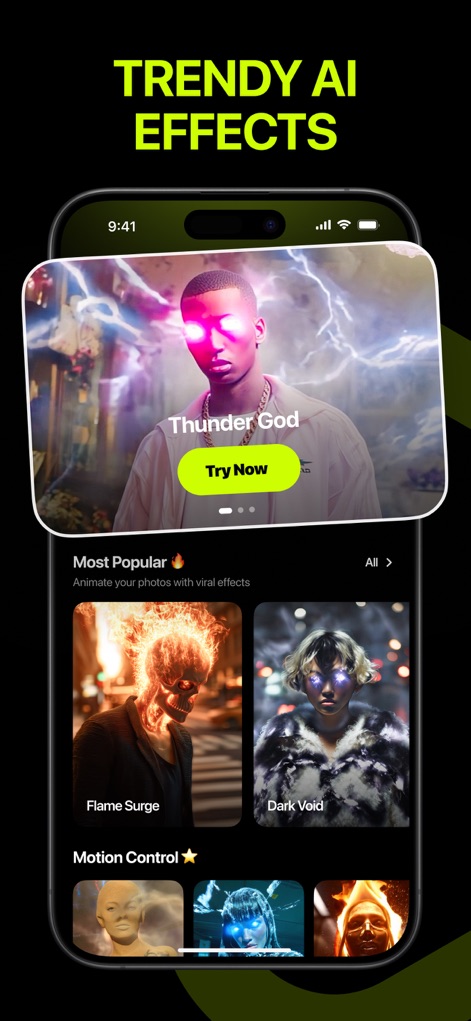 HG - AI Video Generator - This tool showcases a variety of "TRENDY AI EFFECTS," allowing users to explore popular options like "Flame Surge" and "Dark Void" to animate their photos.