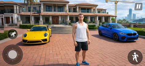 Urban Drive: Car Simulator 3D - Explore the expansive open world on foot, featuring a male character positioned in front of a grand mansion and two luxury cars, emphasizing character freedom and vehicle collection.