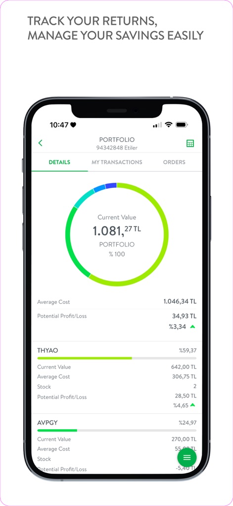 CEPTETEB - This tool provides a clear overview of investment performance with a detailed circular portfolio graph and real-time tracking of individual stock returns like 'THYAO' and 'AVPGY'.