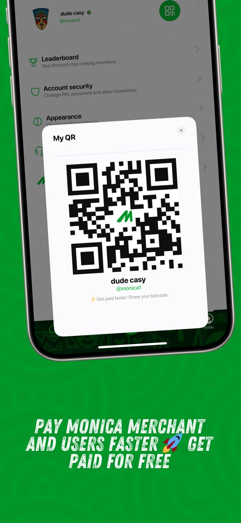 Monica - Pay, Send, Bills - This tool enables swift peer-to-peer payments via a personalized QR code, visible within the 'My QR' overlay, ensuring secure transactions.