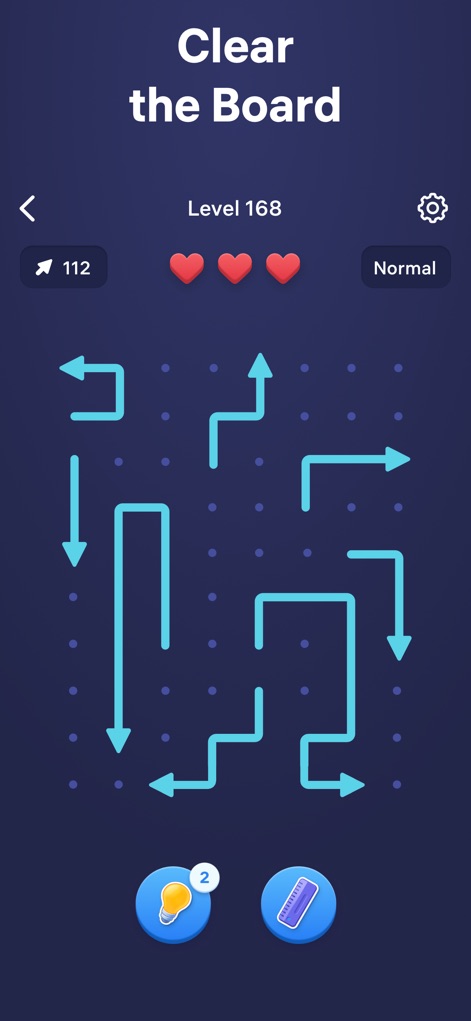 Arrow Puzzle - Tap Away Game - Observe the clean, minimalist dot grid interface as users strategically clear flowing arrow patterns to achieve an empty board.