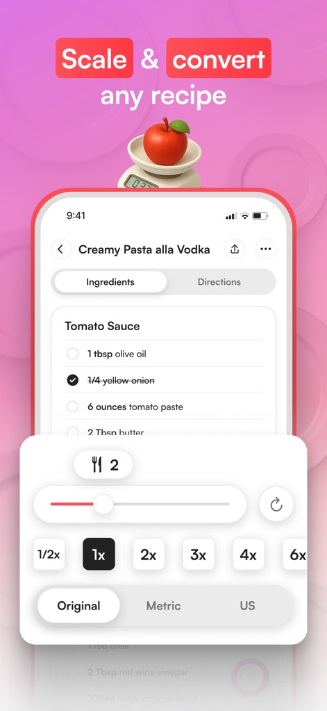 Osta: Save & Share Recipes - This view highlights Osta's powerful scaling feature, allowing users to effortlessly adjust serving sizes and convert between different measurement units.