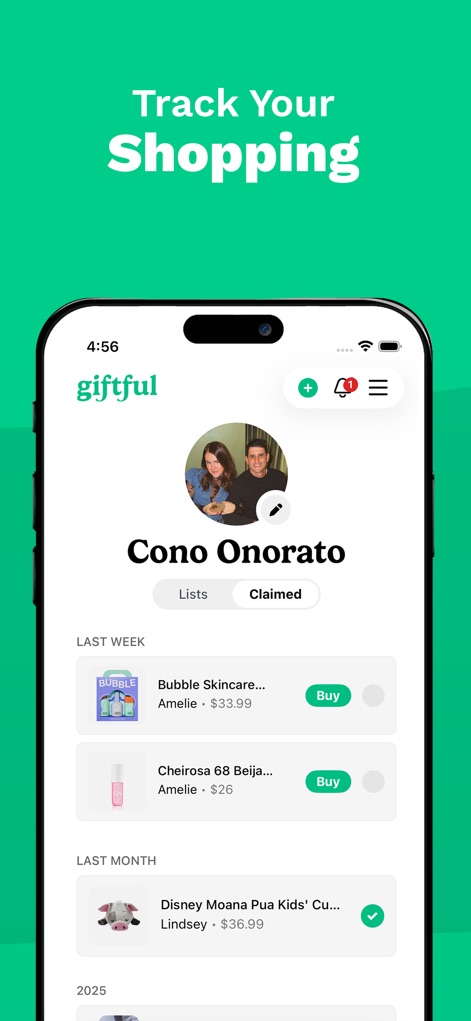 Giftful - Wishlist & Registry - Users can efficiently track their gift purchases and claimed items, with a clear overview of status and price, as shown for 'Bubble Skincare' and 'Disney Moana Pua Kids' Cup' items.