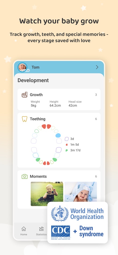 Baby Daybook - Newborn Tracker - This tool allows tracking of key growth metrics like weight and height and includes a visual teething tracker, helping parents monitor developmental milestones.