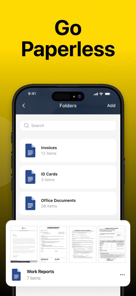 e Signature Scanner, Sign PDF - The app supports a streamlined paperless workflow, allowing users to organize documents into categorized folders such as "Invoices" and view document previews at the bottom.