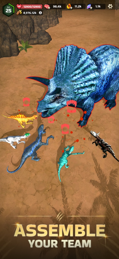 Dinosaur Universe - Esta imagen enfatiza la formación de equipos, con una criatura grande similar a un triceratops que lidera un grupo de raptores, cada uno con indicadores de salud visible.