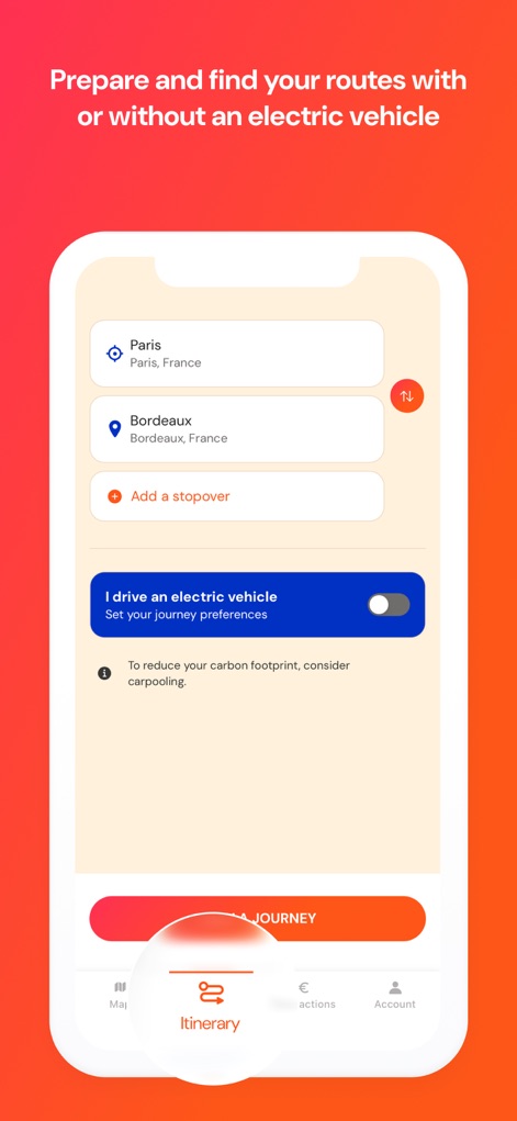 Ulys by VINCI Autoroutes - The app facilitates journey preparation by allowing users to define start and end destinations and toggle specific preferences for electric vehicles.