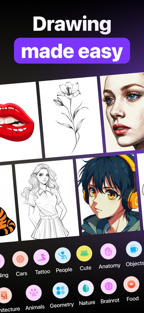 ARtie Lab: AR Drawing & Sketch - Users can explore diverse themed categories and a wide array of drawing styles, from cartoons to realistic figures.