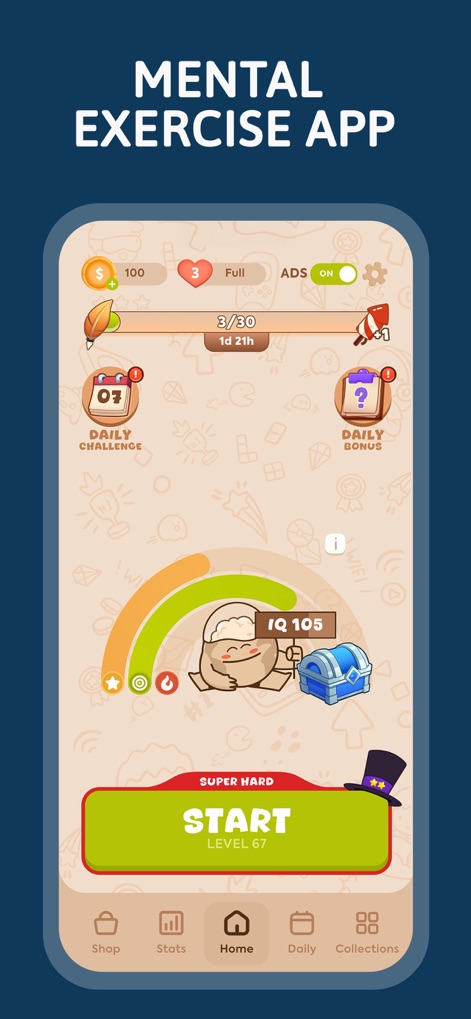 Cryptogram: Number & Word Game - 이 앱의 홈 화면은 사용자의 두뇌 훈련 진행 상황과 일일 도전 과제를 한눈에 보여줍니다. "IQ 105"가 표시된 진행 바와 "Daily Challenge" 및 "Daily Bonus" 옵션이 주요 기능으로 제시됩니다.