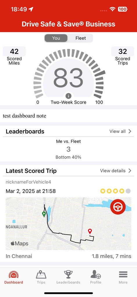 Drive Safe & Save® Business - The app provides a comprehensive dashboard displaying a 'Two-Week Score' for driving behavior and an interactive map showing details of the 'Latest Scored Trip'.