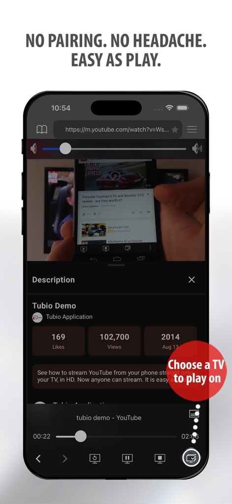 Tubio - Cast Web Videos to TV - Los usuarios pueden seleccionar fácilmente el dispositivo de destino para la transmisión, ilustrado por el menú inferior de opciones de control y la indicación para seleccionar un televisor.