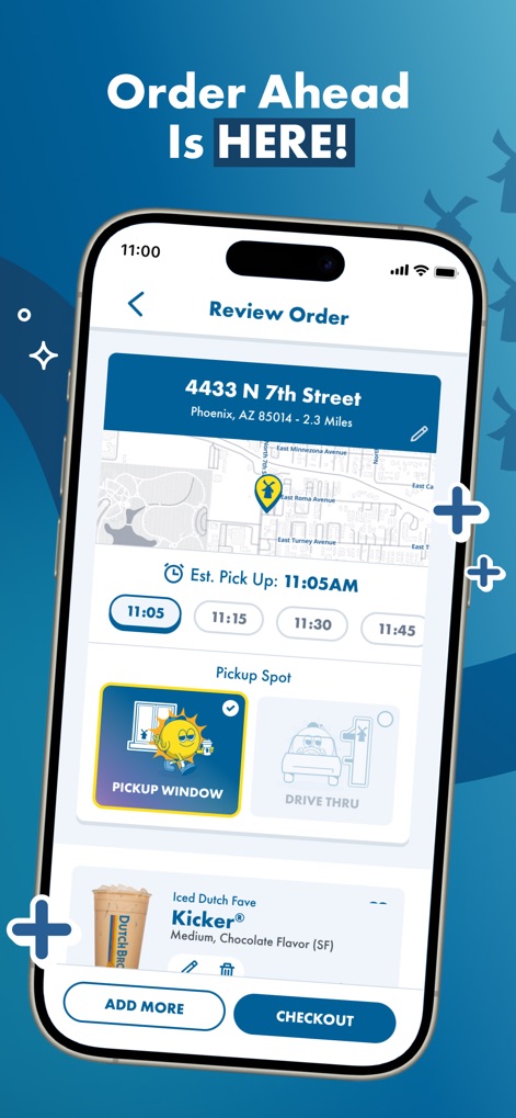 Dutch Bros - This screen highlights the convenient Order Ahead feature, allowing users to select their preferred pickup spot and customize drink details.