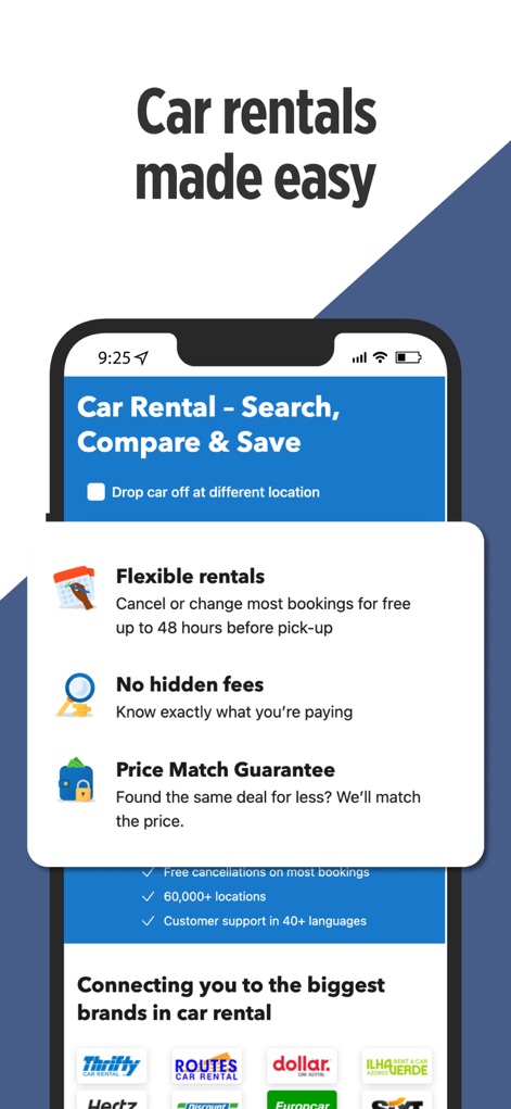 JustFly: Cheap Flights - Esta herramienta simplifica el alquiler de coches, destacando "alquileres flexibles" y una "Garantía de Precio Equiparado", asegurando a los usuarios las mejores ofertas sin cargos ocultos.