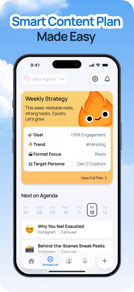 Trendy Profile Tracker & Boost - 이 앱은 '주간 전략' 카드를 통해 목표와 핵심 트렌드를 포함한 콘텐츠 계획 개요를 제공하며, '다음 어젠다' 섹션에서 주간 캘린더 형식으로 예정된 게시물과 날짜를 시각적으로 확인할 수 있습니다.