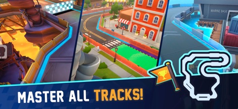 Jetpack Joyride Racing - L'app presenta una varietà di tracciati dinamici, mostrando segmenti di piste diverse come una strada cittadina con edifici e una sezione marina con acqua, insieme all'icona della mappa del circuito.
