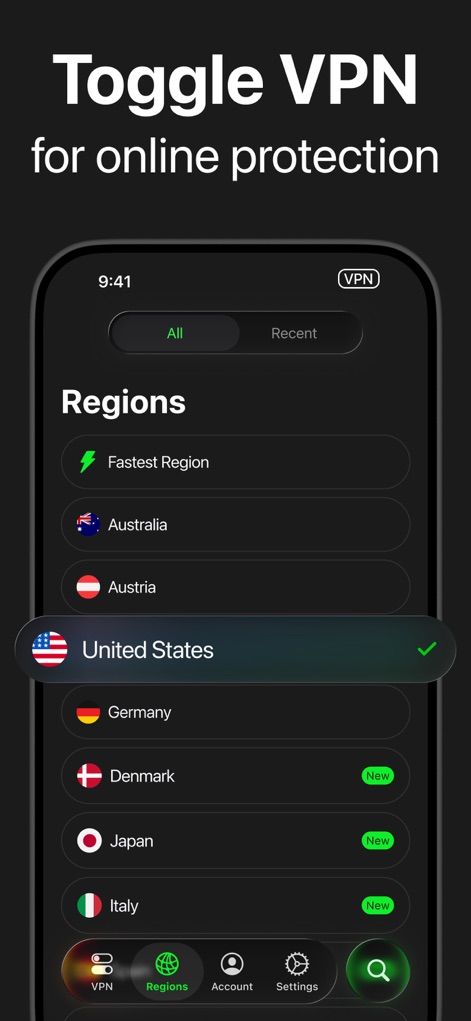 Toggle VPN for Secure Internet - Explore the extensive list of available regions, allowing users to select a preferred server like 'United States' and visualize the active 'Regions' tab in the navigation bar.