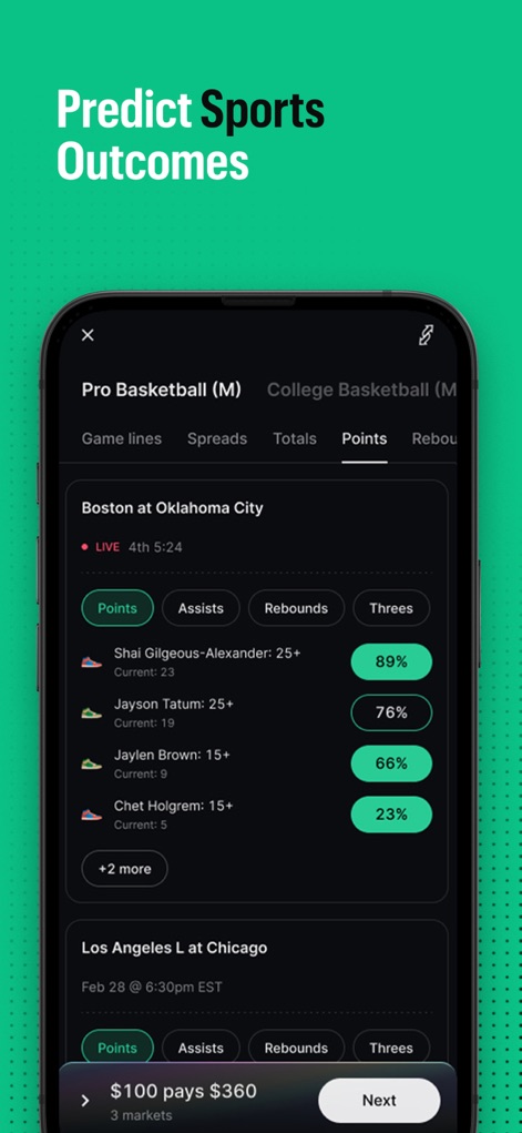 Kalshi: Trade News & Sports - Los usuarios pueden predecir resultados detallados de jugadores, como la probabilidad del 89% para "Shai Gilgeous-Alexander: 25+ Points" y las pestañas que permiten filtrar por "Points" o "Assists".