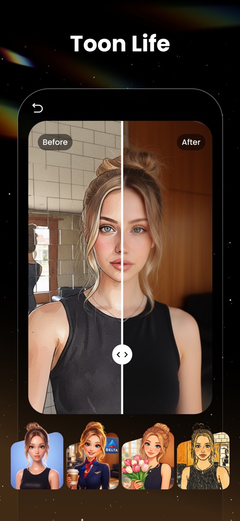 HeyStar-AI Photo Editor - Convert photos into vibrant animated styles using the "Toon Life" filter, demonstrated with a prominent side-by-side slider for instant before-and-after viewing.