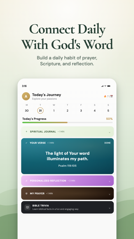 Bible Chat: Daily Devotional App Store screenshot 1, headline “Connect Daily With God's Word”. Illustration or mascot.