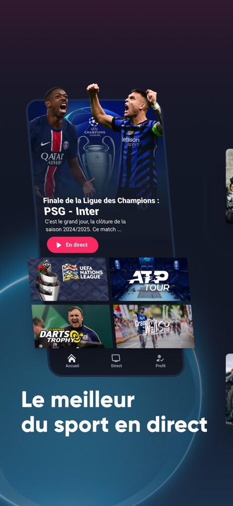 RTL play - Streaming et direct - Users can dive into live sports action with prominent event listings, such as the Champions League match, and explore diverse sports categories including ATP Tour events.