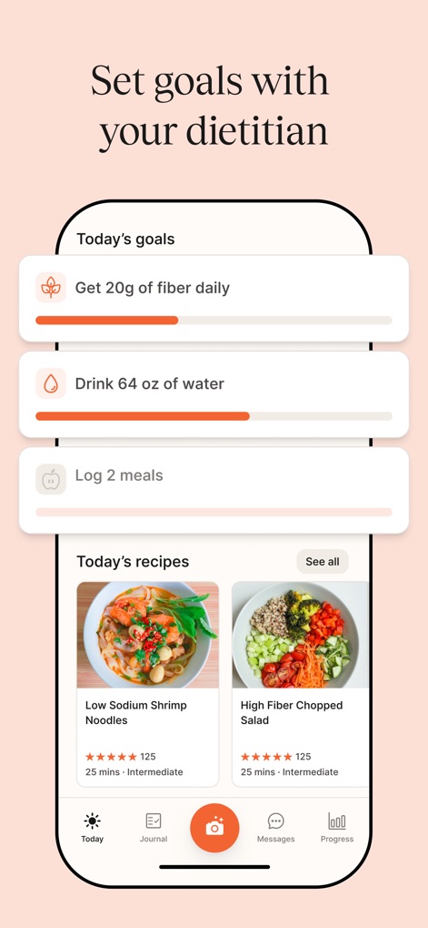 Nourish: Eating Well Made Easy - Los usuarios pueden establecer objetivos diarios de nutrición, como consumir 20g de fibra, y explorar recetas saludables y personalizadas, como los "Fideos de camarón bajos en sodio" y la "Ensalada picada rica en fibra".