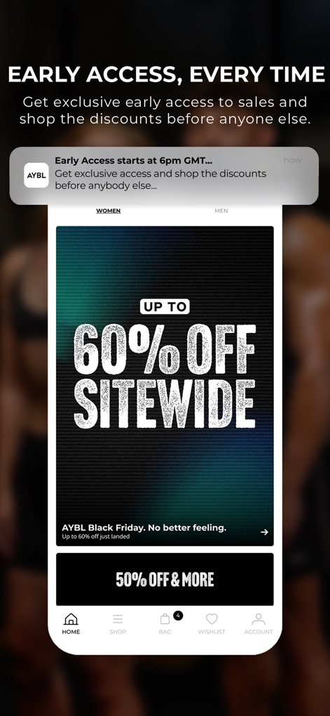 AYBL - Los usuarios de la aplicación disfrutan de un "acceso temprano" exclusivo a las promociones, destacando el banner de "HASTA 60% DE DESCUENTO EN TODO EL SITIO" antes que el público general.