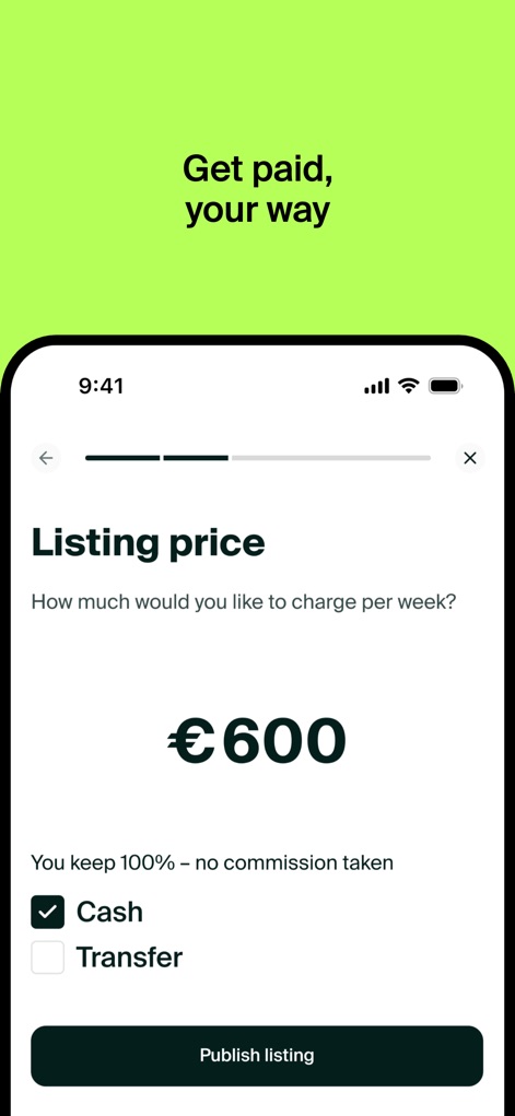 MeetCiao - Sublet Community - この画面では、ホストが週あたりのリスティング価格「€600」を自由に設定でき、「Cash」または「Transfer」のいずれかの方法で報酬を受け取れる柔軟な支払いオプションが提供されています。