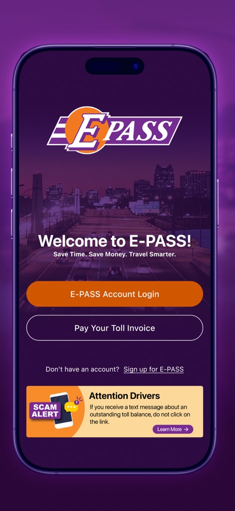 E-PASS Toll App - Users are greeted by a clear login interface and an immediate option to pay toll invoices, alongside an important scam alert banner.