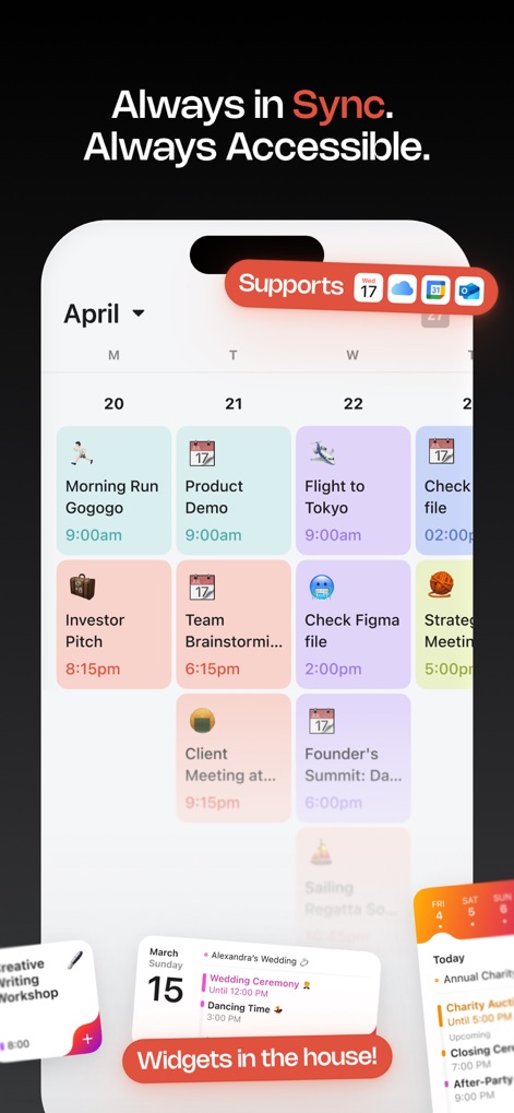 Toki: AI Scheduling & Tasks - Toki ofrece una vista unificada de múltiples calendarios, integrando servicios como Google Calendar y iCloud, y mejora la accesibilidad con widgets que permiten a los usuarios ver su agenda de un vistazo.