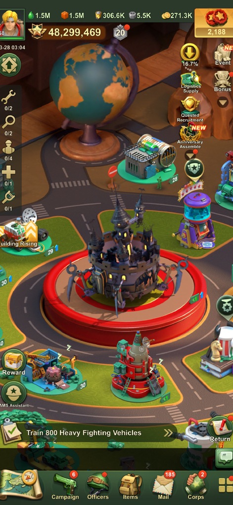 TOY WARS: Green Soldier Strike - Users can observe the bustling command center with its intricate building layouts and conveniently track essential resources like gold and oil at the top of the interface.