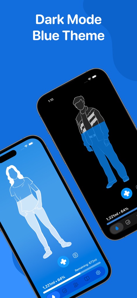 Water Tracker by WaterMinder® - The app supports Dark Mode, offering a sleek blue theme that visually highlights the hydration level on the character for an enhanced user experience.
