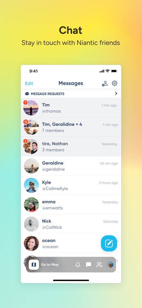 Niantic Campfire - L'app offre una chiara panoramica delle "MESSAGE REQUESTS" in sospeso e un elenco organizzato delle conversazioni individuali e di gruppo, facilitando la comunicazione con altri giocatori.