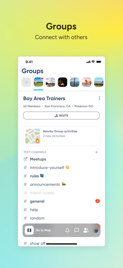 Niantic Campfire - Gli utenti possono esplorare le diverse "TEXT CHANNELS" per discussioni specifiche e visualizzare rapidamente il numero di membri e il gioco associato, come la comunità "Bay Area Trainers".