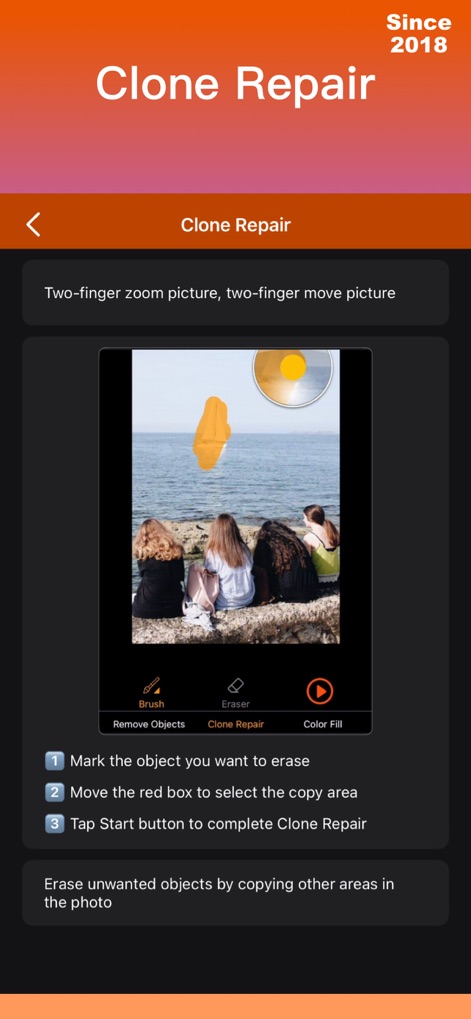 iRetouch - Photo Video Eraser - This tool empowers users with 'Clone Repair' functionality, allowing them to select and copy areas using a precise 'red box' indicator.