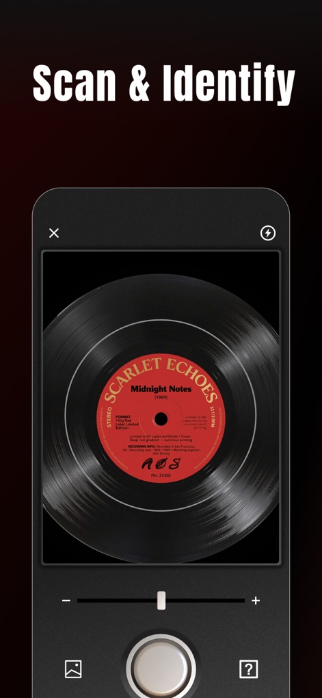 VinylSnap: Scan & Value Record - This intuitive scanning interface allows users to quickly identify records by focusing on the label, complete with zoom controls and a flash option for optimal results.