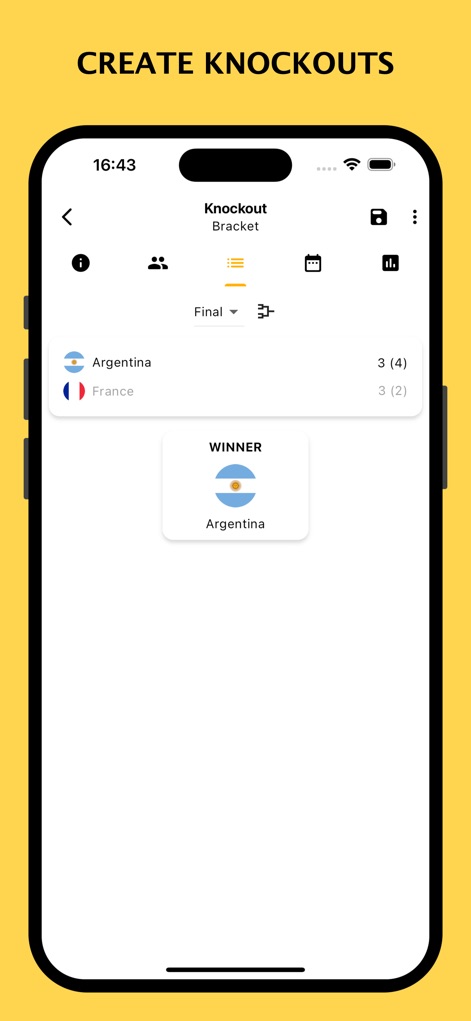 Winner - Tournament Maker App - The app simplifies knockout stage management, presenting a clear bracket view and declaring a 'Winner' for each round.