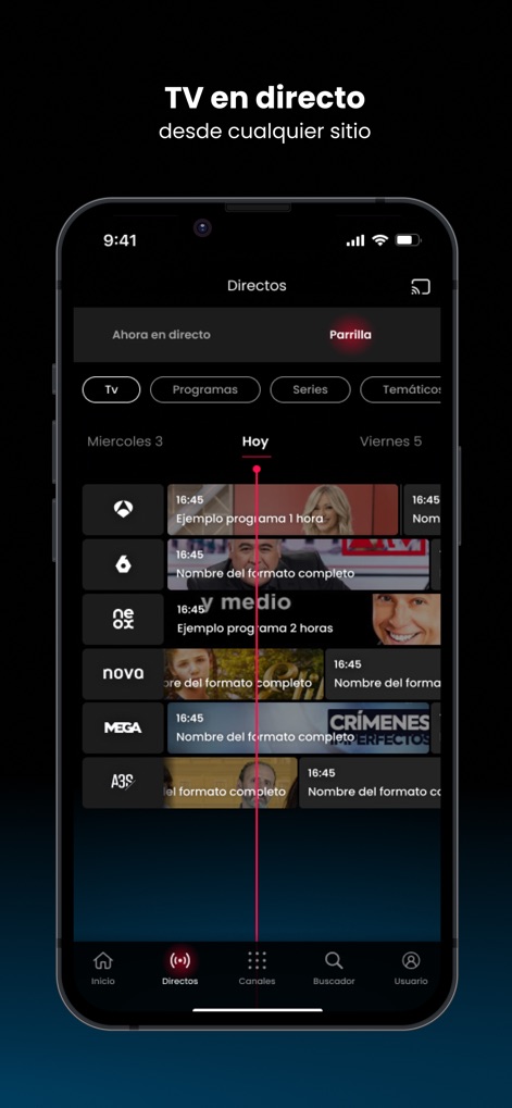 atresplayer: Series y Noticias - La aplicación ofrece una interfaz clara de parrilla televisiva para la programación en directo de diversos canales, incluyendo una distintiva línea temporal roja que indica el instante actual en la emisión.