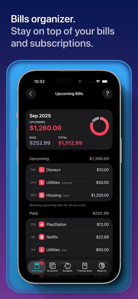 MoneyCoach: Budget Planner - A robust bills organizer presents a clear overview of upcoming expenses with specific due dates and a visual progress indicator for paid versus total amounts.