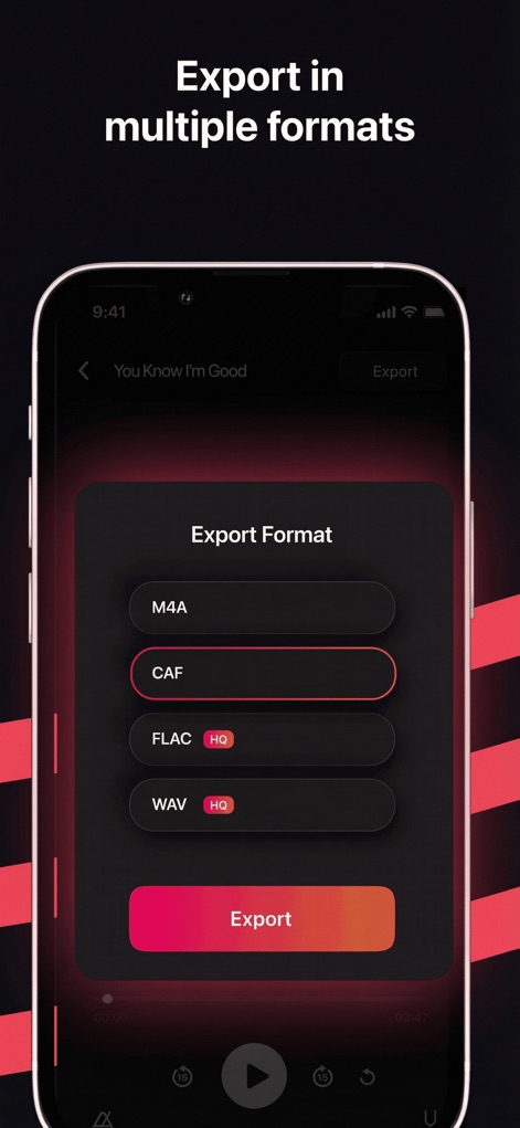 Stemz: remover vocal audio pro - Os usuários podem selecionar entre diversas opções de formato para exportação, incluindo 'FLAC (HQ)' e 'WAV (HQ)', garantindo compatibilidade e alta qualidade para seus projetos.