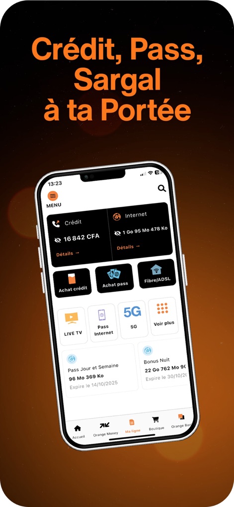 Orange Max it Sénégal - Users can efficiently manage their telecommunication needs, with clear displays for 'Crédit' and 'Internet' usage, and options for purchasing 'Pass Internet'.
