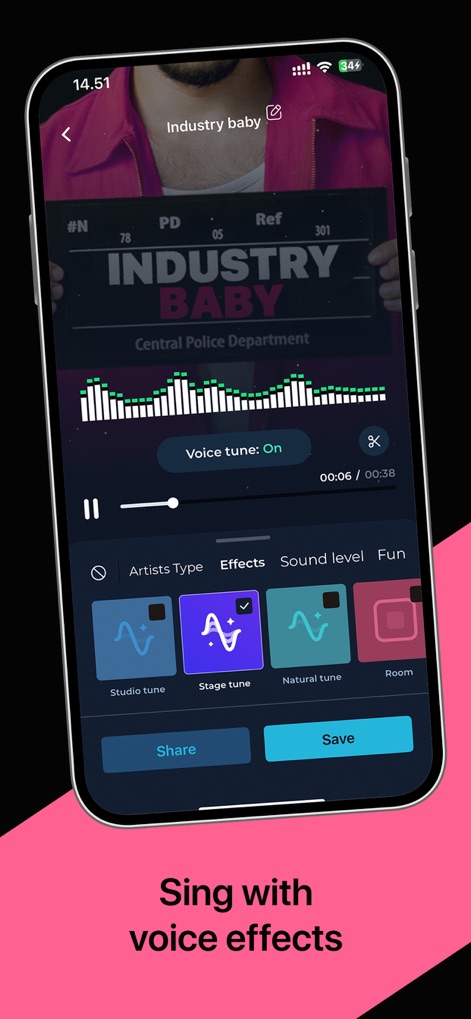 Volmix | AutoTune & Beats - Users can visually monitor their sound with detailed waveform displays and instantly "Share" or "Save" their mastered projects.