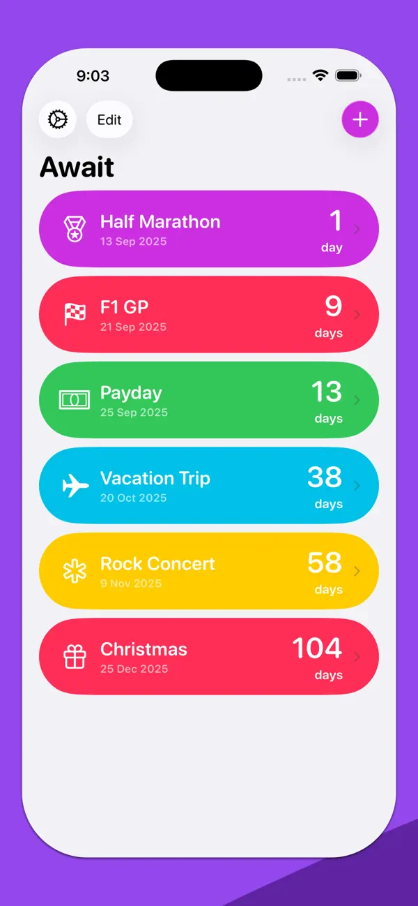 Screenshot #1 pour Await: Countdown App & Widgets