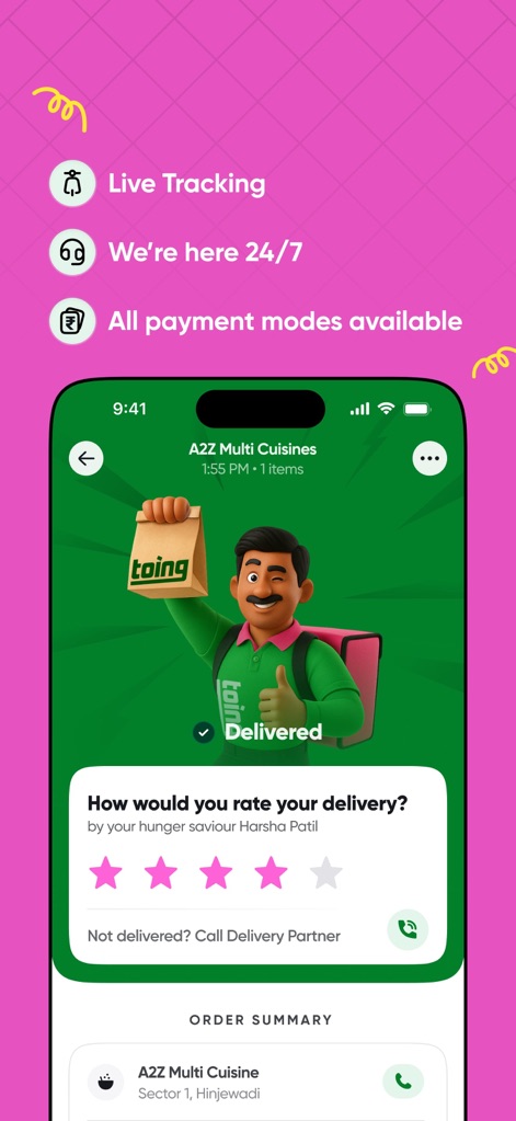 toing - Food Delivery - After delivery, users are prompted to rate their experience with a star system and can see quick highlights like 'Live Tracking' and available 'All payment modes'.